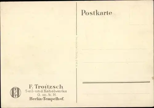 Künstler Ak Lüdke, E., Berlin Tempelhof, Seil- und Kabelwerke F. Troitzsch, Seemann, Dampfer