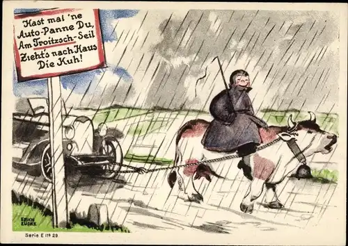 Künstler Ak Lüdke, E., Berlin Tempelhof, Seil- und Kabelwerke F. Troitzsch, Autopanne, Kuh