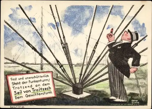 Künstler Ak Lüdke, E., Berlin Tempelhof, Seil- und Kabelwerke F. Troitzsch, Funkturm, Gewittersturm