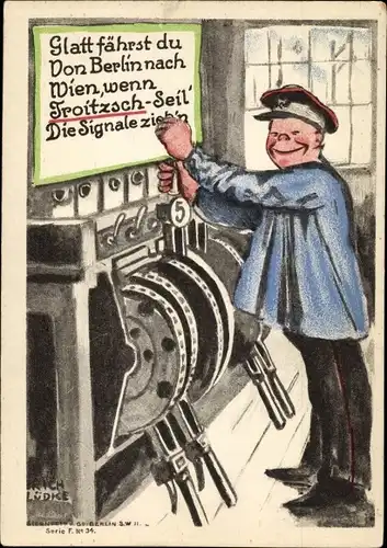 Künstler Ak Lüdke, E., Berlin Tempelhof, Seil- und Kabelwerke F. Troitzsch, Eisenbahn, Signale