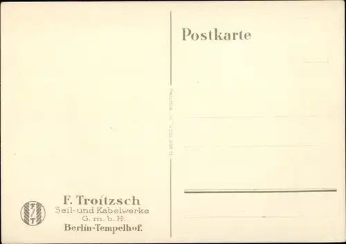 Künstler Ak Lüdke, E., Berlin Tempelhof, Seil- und Kabelwerke F. Troitzsch, Pferderennen, Tafel