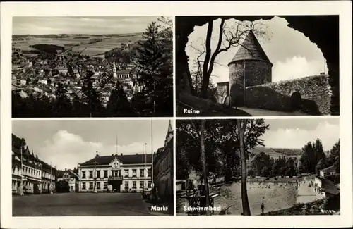 Ak Elsterberg im Vogtland, Teilansicht, Ruine, Markt, Schwimmbad