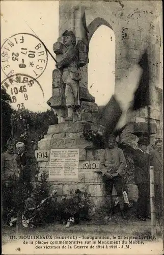 Ak Moulineaux Seine Maritime, Monument de la Defense, Inauguration 1919