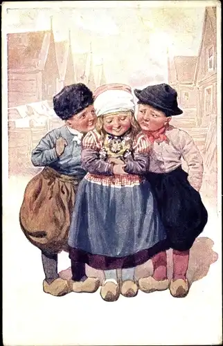 Künstler Ak Mädchen mit zwei Verehrern, Niederländische Tracht, BKWI 569-4