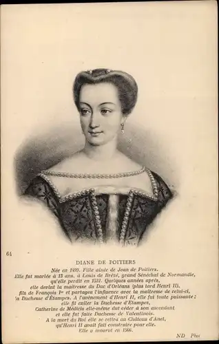Künstler Ak Diane de Poitiers, Mätresse und Vertraute König Heinrichs II. von Frankreich