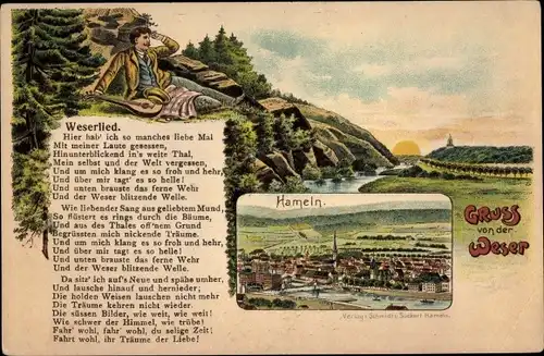 Litho Hameln, Gesamtansicht und das Weserlied, Mann mit Mandoline