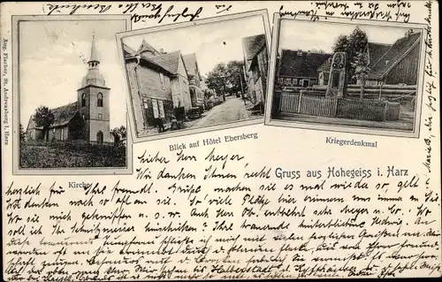 Ak Hohegeiß Braunlage im Oberharz, Hotel Ebersberg, Kriegerdenkmal, Kirche