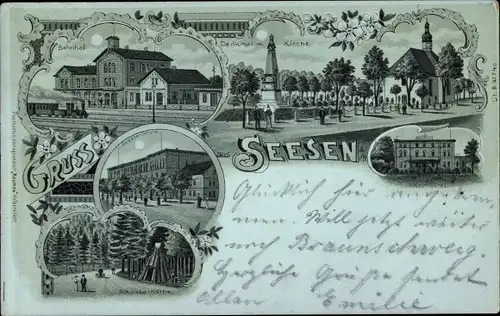 Mondschein Litho Seesen am Harz, Denkmal, Kirche, Bahnhof, Kurhotel, Schule