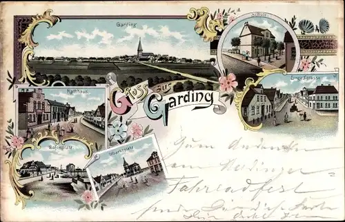 Litho Garding in Nordfriesland, Panorama, Rathaus, Schule, Hafenplatz, Marktplatz, Enge Straße