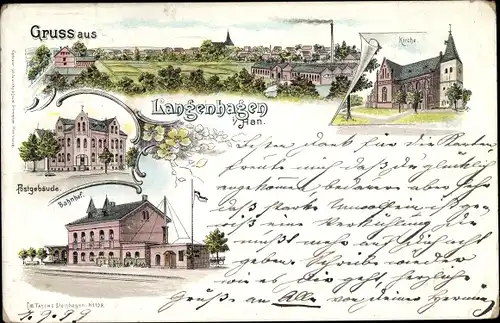 Litho Langenhagen Region Hannover in Niedersachsen, Total, Kirche, Bahnhof, Post