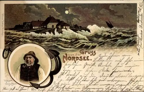 Mondschein Litho Wyk auf Föhr in Nordfriesland, Hallig im Sturm, Nacht, Wyker Schiffer