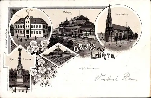 Litho Lehrte in Niedersachsen, Bahnhof, Lutherkirche, Schule, Kriegerdenkmal