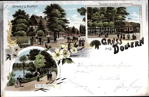 Litho Dollern Niedersachsen, Tamcke's Gasthof, Gartenpartie, Buschteich