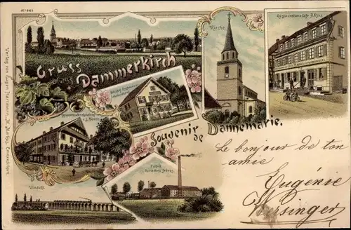 Litho Dannemarie Dammerkirch Haut Rhin, Teilansicht, Kirche, Café A. Riss, Viadukt, Fabrik