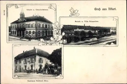 Ak Illfurt Elsass Haut Rhin, Schule, Gemeindehaus, Fabrik, Villa Schmerber, Gasthof