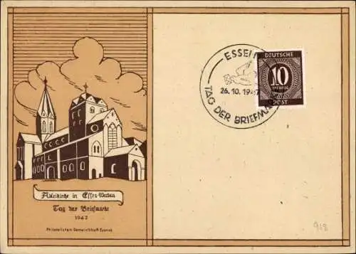 Künstler Ak Werden Essen im Ruhrgebiet, Abteikirche, Tag der Briefmarke 1947