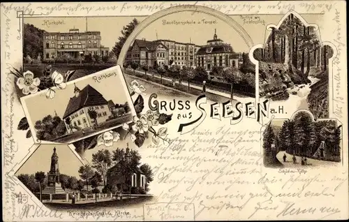 Litho Seesen am Harz, Rathaus, Kurhotel, Kirche, Kriegerdenkmal, Schule, Tempel