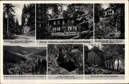 Ak Ilmenau in Thüringen, Goethefelsen, Jagdschloss Gabelbach, Goethehäuschen, Hermannsteinhöhle