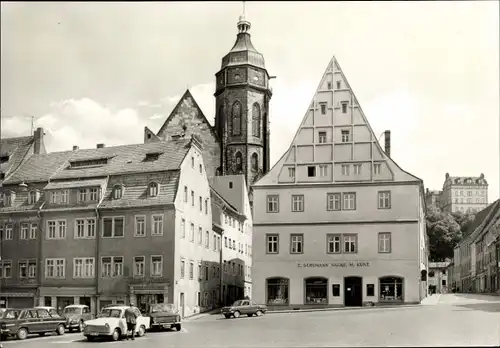 Ak Pirna an der Elbe, Markt, Geschäft, Marienkirche, Fahrzeuge