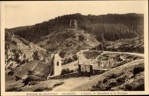 Ak Alleuze Cantal, L'Eglise, le Cimetiere et le Chateau