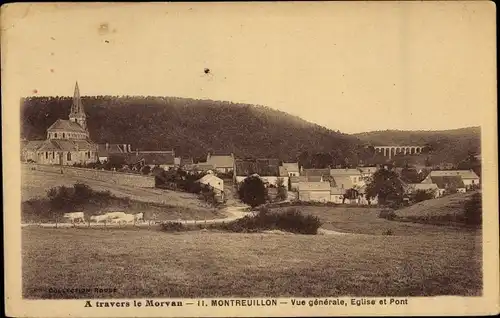 Ak Montreuillon Nièvre, Vue generale, Eglise et Pont