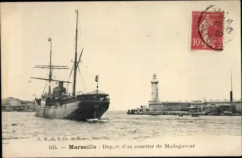 Ak Marseille Bouches du Rhône, Depart d'un courrier de Madagascar