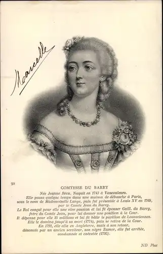 Ak Comtesse du Barry, Mätresse des französischen Königs Ludwigs XV., Portrait
