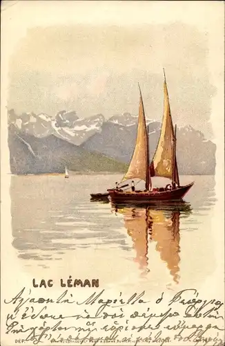 Künstler Litho Lac Léman, Segelboot auf dem Genfer See