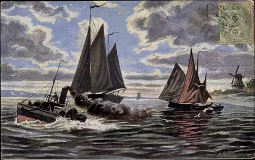 Künstler Ak Müller, A., Offenes Meer, Segelboote, Windmühle, Dampfboot