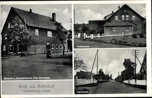 Ak Volksdorf Stadthagen in Niedersachsen, Geschäft Fritz Kerkmann, Volksschule, Dorfstraße