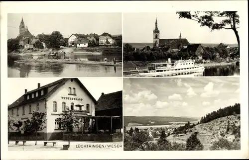 Ak Lüchtringen Höxter an der Weser, Teilansicht, Kirche, Dampferpartie, Weserstrand