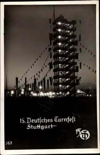 Ak Stuttgart am Neckar, 15. Deutsches Turnfest 1933, Fahnenturm bei Nacht