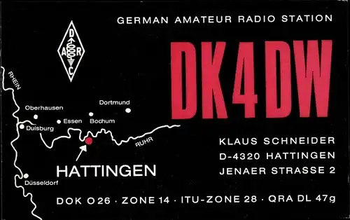 QSL Karte Hattingen an der Ruhr, Klaus Schneider, DK4DW to DLOJZ