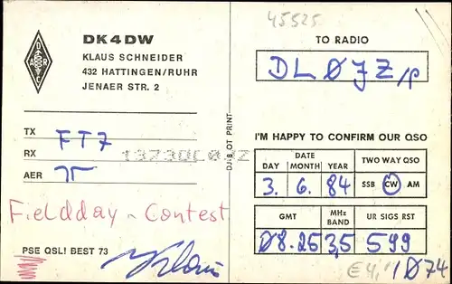 QSL Karte Hattingen an der Ruhr, Klaus Schneider, DK4DW to DLOJZ