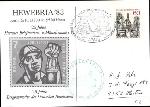 Ak Herten im Ruhrgebiet, Hewebria 14.01. - 16.01.1983, Sonderstempel Schachtpost