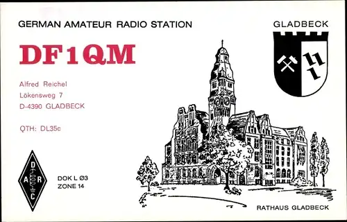 QSL Karte Gladbeck im Ruhrgebiet, Alfred Reichel, DF1QM to DL0JZ