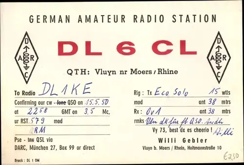 QSL Karte Moers am Niederrhein, Willi Gebler, DL6CL to DL1KE