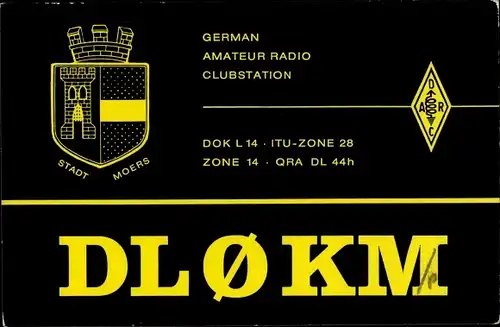 Wappen QSL Karte Moers am Niederrhein, DL0KM to DL0JZ