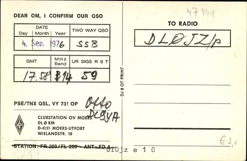 Wappen QSL Karte Moers am Niederrhein, DL0KM to DL0JZ