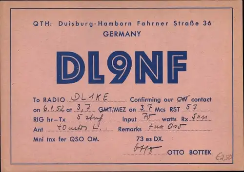 QSL Karte Hamborn Duisburg im Ruhrgebiet, DL9NF to DL1KE