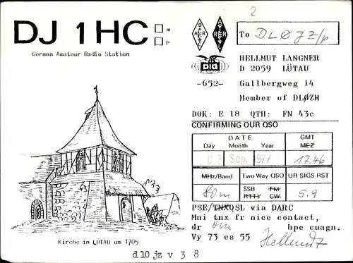 QSL Karte Lütau in Schleswig Holstein, DJ1HC to DL0JZ, Kirche