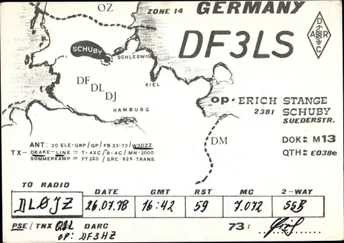 QSL Karte Schuby in Schleswig Holstein, Erich Stange, DF3LS to DL0JZ