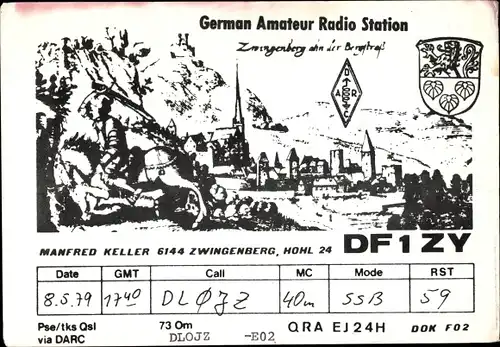 Wappen QSL Karte Zwingenberg an der Bergstraße in Hessen, Manfred Keller, DF1ZY to DL0JZ