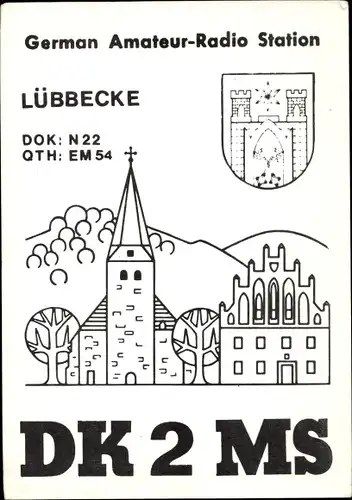 Wappen QSL Karte Lübbecke in Westfalen, DK2MS to DL0JZ