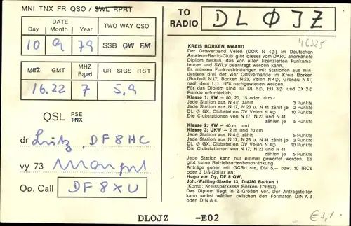 QSL Karte Velen in Westfalen, DL0GX to DL0JZ