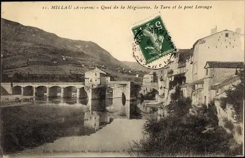 Ak Millau Aveyron, Quai de la Megisserie, le Tarn et le pont Lerouge