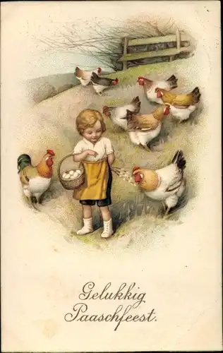 Ak Glückwunsch Ostern, Junge füttert Hühner, Amag 1230