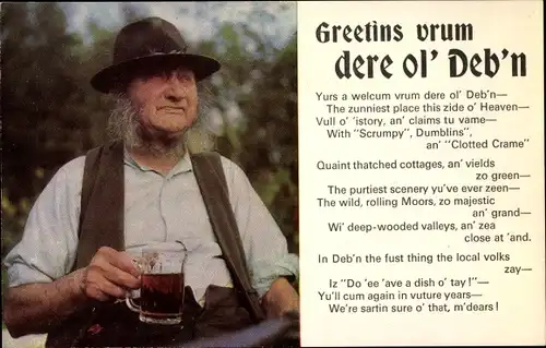 Ak Devon England, Mann mit Bierglas, Portrait, Greetins vrum dere ol' Deb'n