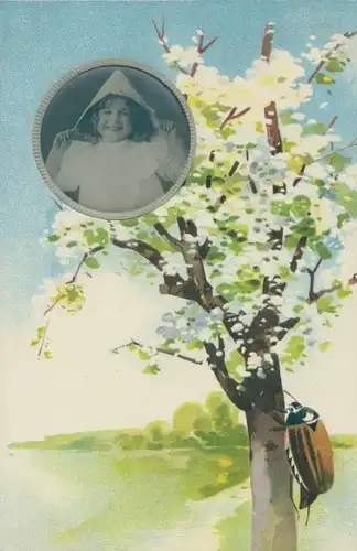 Präge Ak Maikäfer am Baum, Portrait eines Kindes