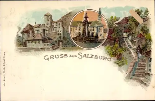 Litho Salzburg in Österreich, Brunnen, Treppenaufgang, Teilansicht